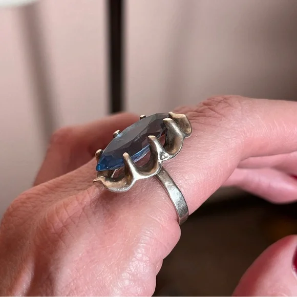 Antique art Deco Oversized Marquee Blue Topaz Brutalist Sterling Silver Ring - Picture 10 of 17